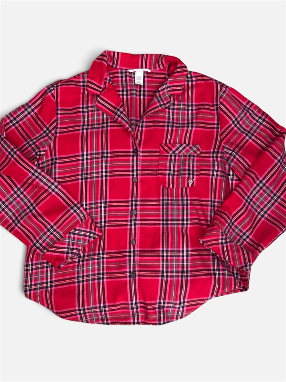 Victoria Secret Red Flannel PJ Top Silver Stripes Size Medium